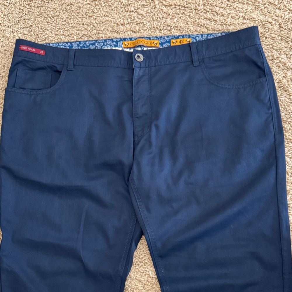 Enzo Tovare Alpha-173 Mens Navy Blue Flat Front 100% Cotton Dress Slacks, sz 42